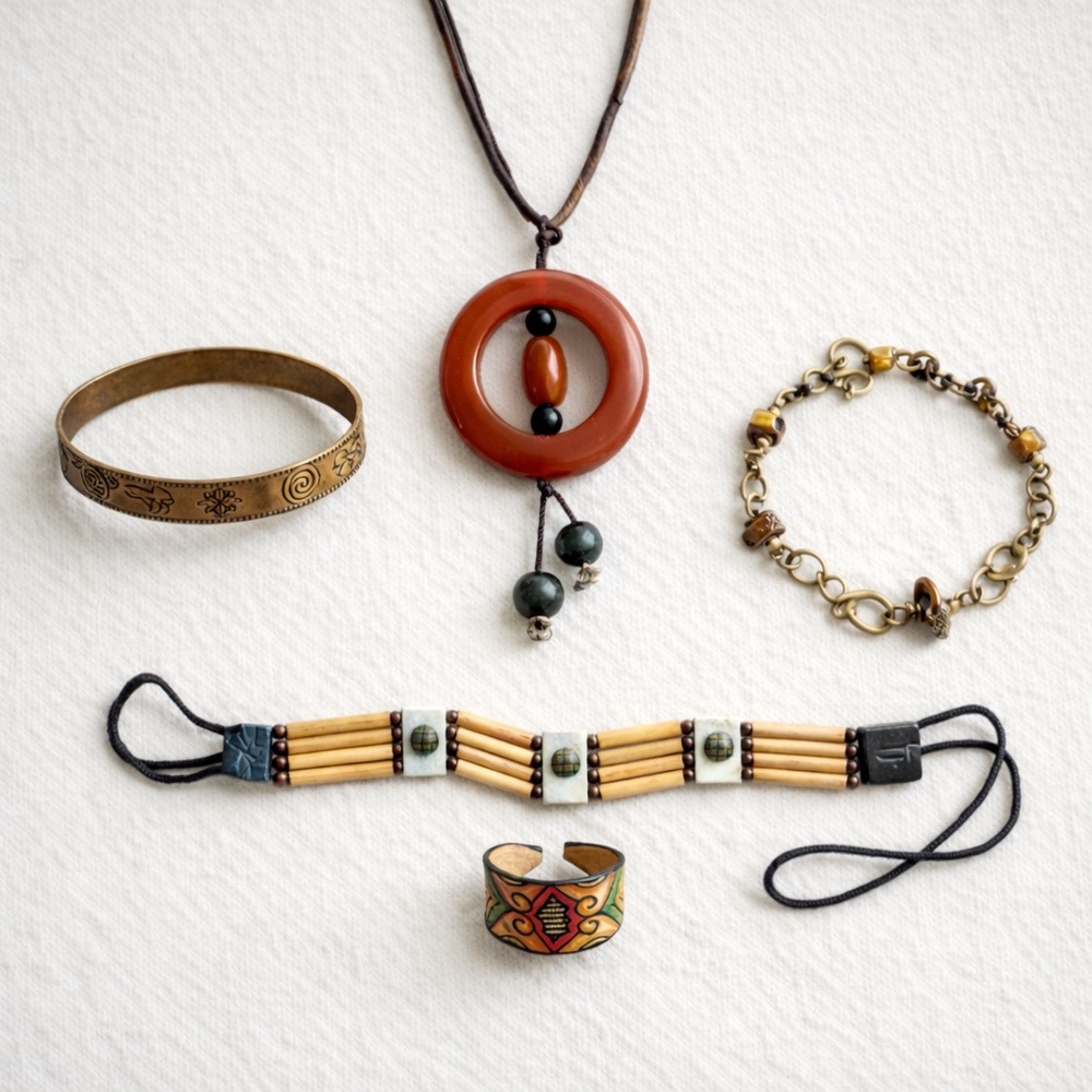 VINTAGE BOHO JEWELRY LOT Carnelian Tiger’s Eye Artisan Brass 5pc